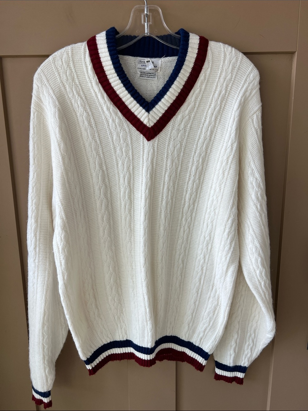 Sears Vintage Like New M Cable Knit Tennis Varsity Sweater White Blue Burgundy